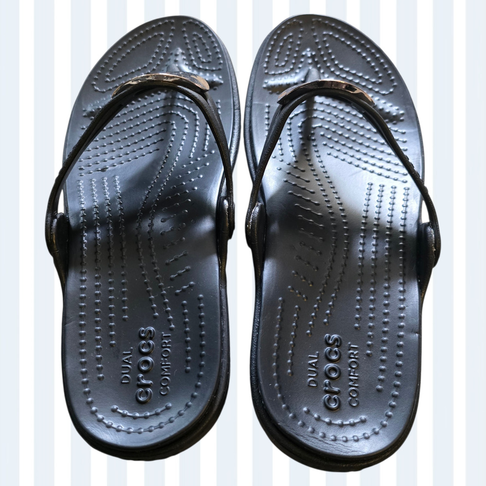NWOT, Crocs Women's Sanrah Liquid Metallic Sandals Thongs Black, Size 7 - Picture 4 of 6
